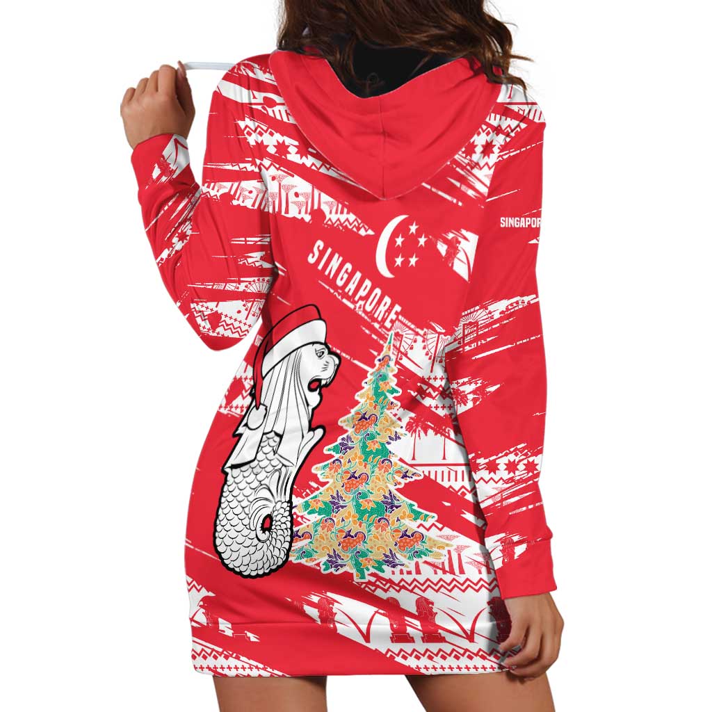 Singapore Christmas Hoodie Dress with Merlion Santa Hat Batik Christmas Tree and City Skyline Design - Wonder Print Shop