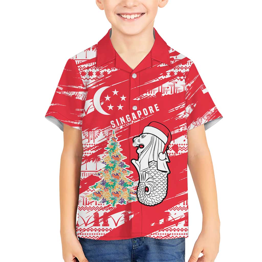 Singapore Christmas Kid Hawaiian Shirt with Merlion Santa Hat Batik Christmas Tree and City Skyline Design - Wonder Print Shop