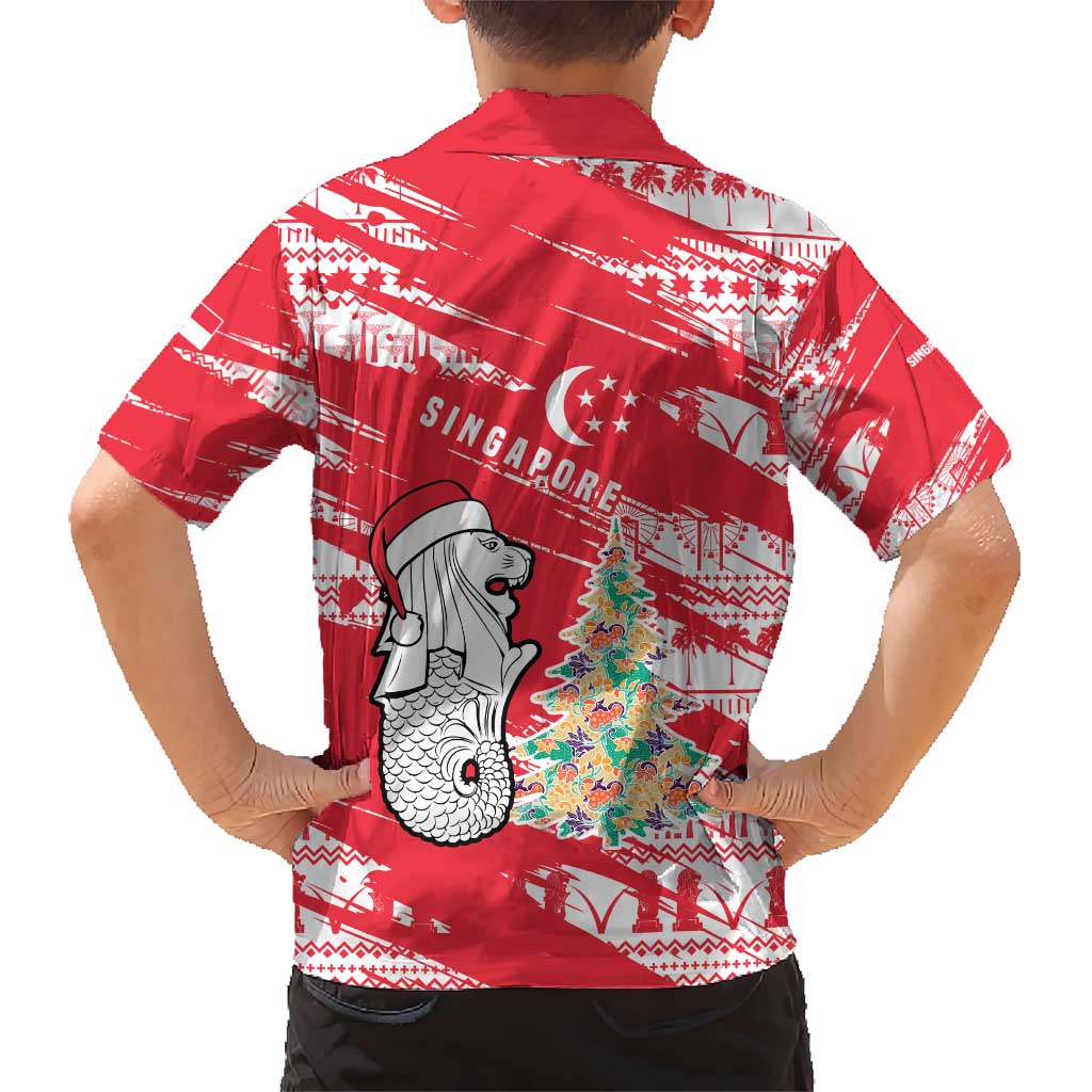 Singapore Christmas Kid Hawaiian Shirt with Merlion Santa Hat Batik Christmas Tree and City Skyline Design - Wonder Print Shop