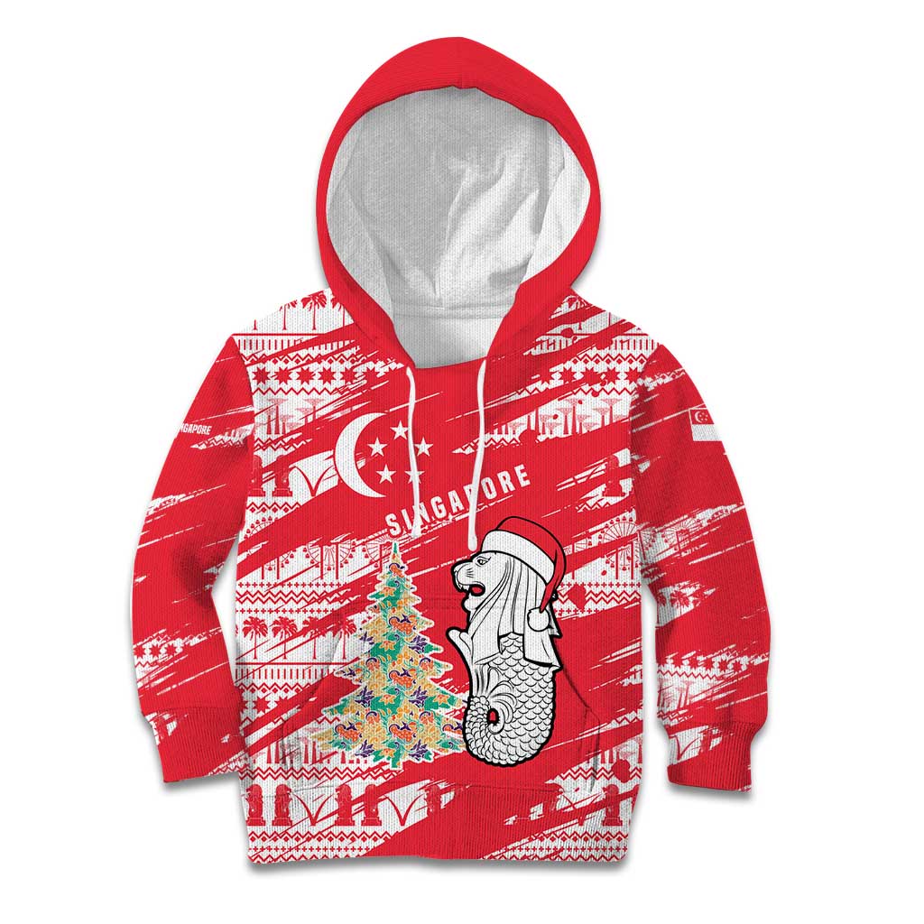 Singapore Christmas Kid Hoodie with Merlion Santa Hat Batik Christmas Tree and City Skyline Design - Wonder Print Shop