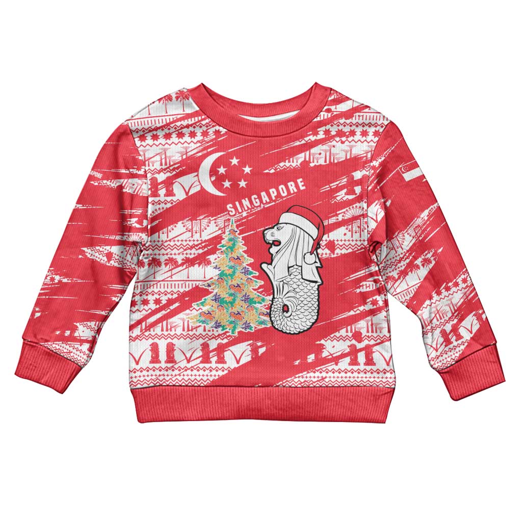 Singapore Christmas Kid Ugly Christmas Sweater with Merlion Santa Hat Batik Christmas Tree and City Skyline Design - Wonder Print Shop
