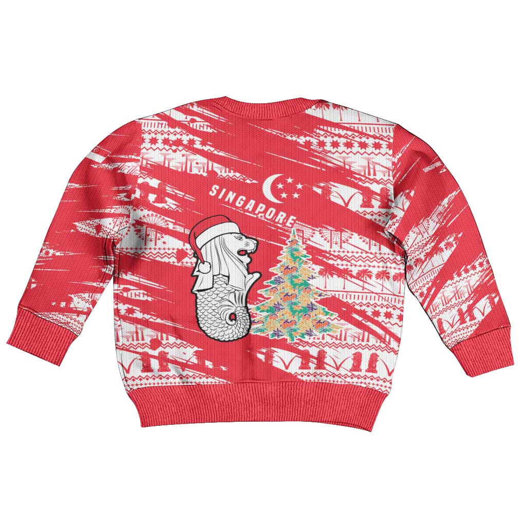 Singapore Christmas Kid Ugly Christmas Sweater with Merlion Santa Hat Batik Christmas Tree and City Skyline Design - Wonder Print Shop