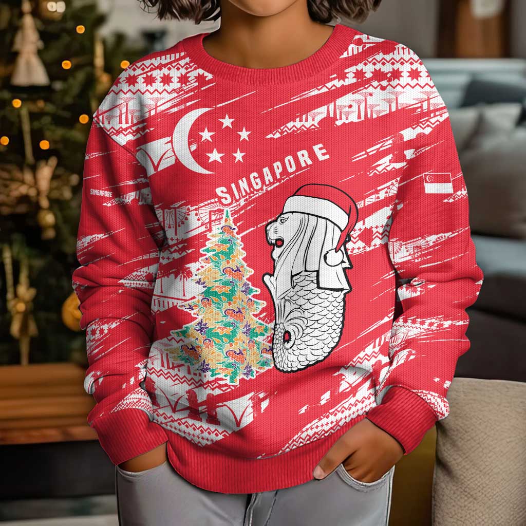 Singapore Christmas Kid Ugly Christmas Sweater with Merlion Santa Hat Batik Christmas Tree and City Skyline Design - Wonder Print Shop
