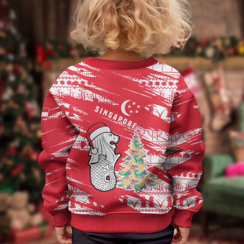 Singapore Christmas Kid Ugly Christmas Sweater with Merlion Santa Hat Batik Christmas Tree and City Skyline Design - Wonder Print Shop