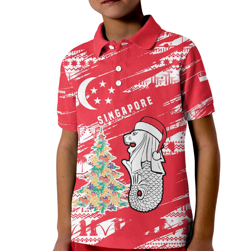 Singapore Christmas Kid Polo Shirt with Merlion Santa Hat Batik Christmas Tree and City Skyline Design - Wonder Print Shop