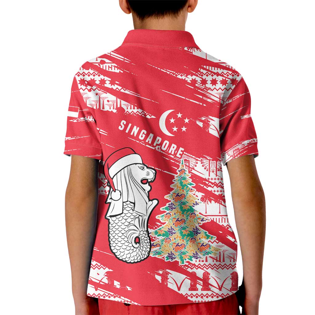 Singapore Christmas Kid Polo Shirt with Merlion Santa Hat Batik Christmas Tree and City Skyline Design - Wonder Print Shop