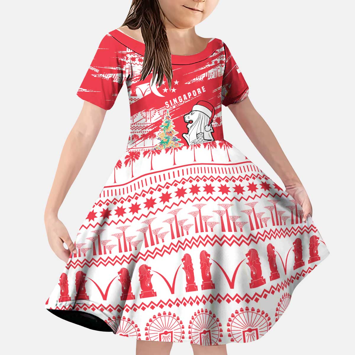 Singapore Christmas Kid Short Sleeve Dress with Merlion Santa Hat Batik Christmas Tree and City Skyline Design - Wonder Print Shop