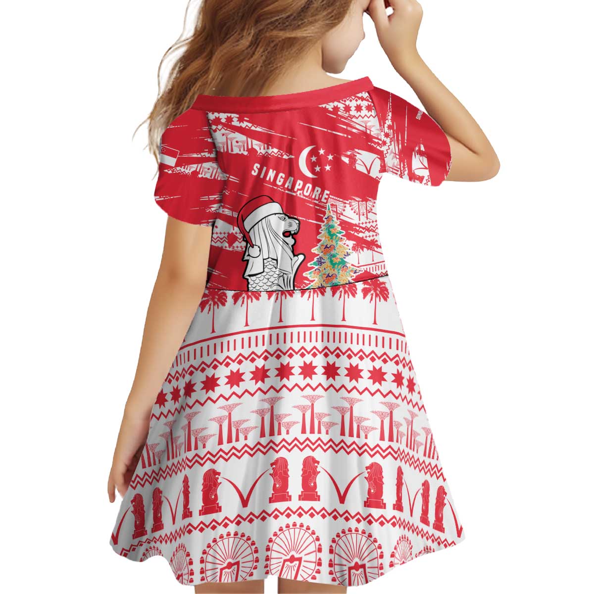 Singapore Christmas Kid Short Sleeve Dress with Merlion Santa Hat Batik Christmas Tree and City Skyline Design - Wonder Print Shop