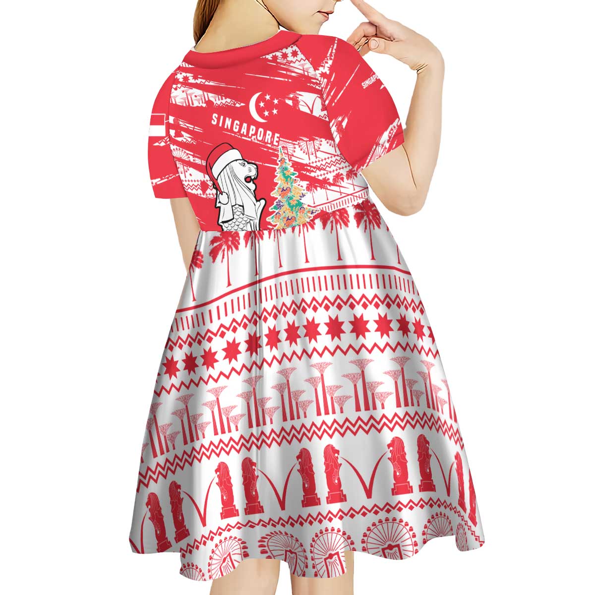 Singapore Christmas Kid Short Sleeve Dress with Merlion Santa Hat Batik Christmas Tree and City Skyline Design - Wonder Print Shop