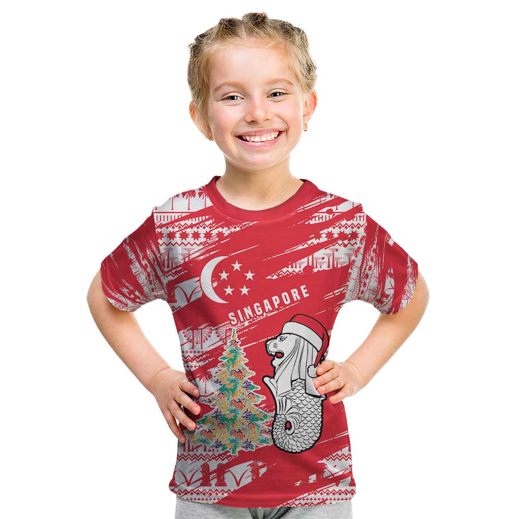 Singapore Christmas Kid T Shirt with Merlion Santa Hat Batik Christmas Tree and City Skyline Design - Wonder Print Shop