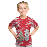 Singapore Christmas Kid T Shirt with Merlion Santa Hat Batik Christmas Tree and City Skyline Design - Wonder Print Shop