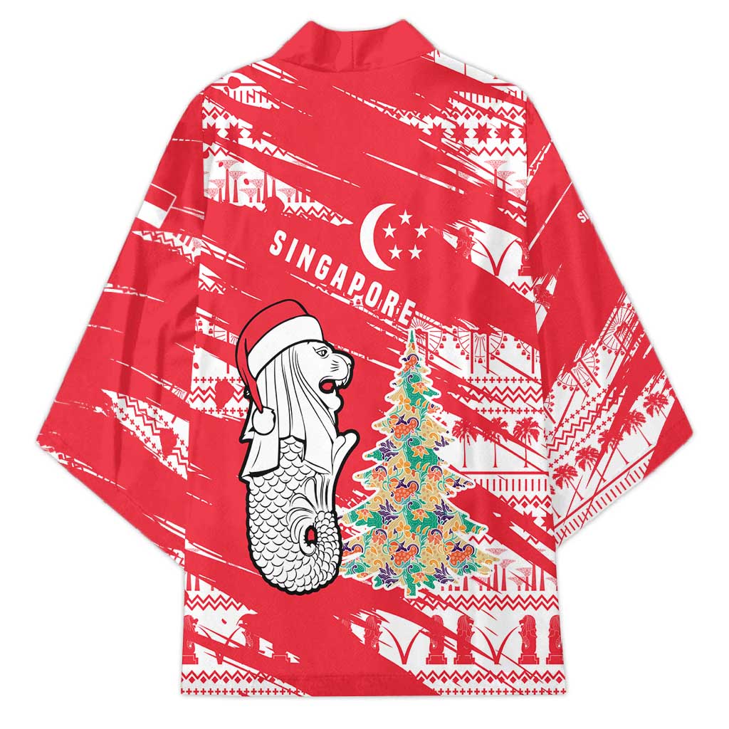Singapore Christmas Kimono with Merlion Santa Hat Batik Christmas Tree and City Skyline Design - Wonder Print Shop