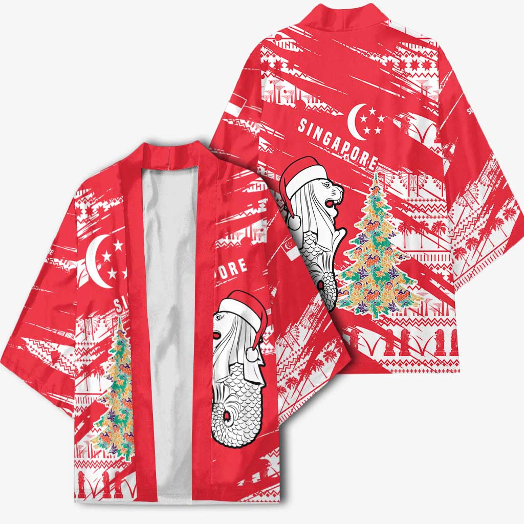 Singapore Christmas Kimono with Merlion Santa Hat Batik Christmas Tree and City Skyline Design - Wonder Print Shop