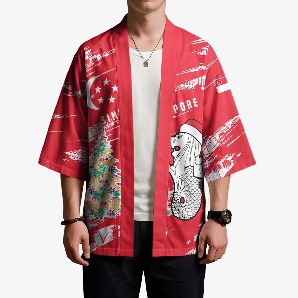 Singapore Christmas Kimono with Merlion Santa Hat Batik Christmas Tree and City Skyline Design - Wonder Print Shop