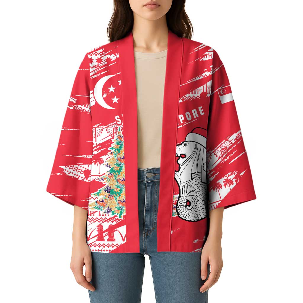 Singapore Christmas Kimono with Merlion Santa Hat Batik Christmas Tree and City Skyline Design - Wonder Print Shop