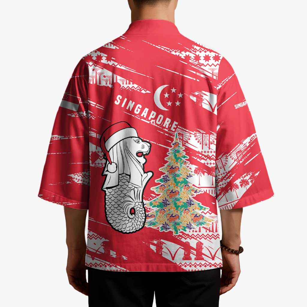 Singapore Christmas Kimono with Merlion Santa Hat Batik Christmas Tree and City Skyline Design - Wonder Print Shop