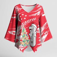 Singapore Christmas Kimono Sleeve Blouse with Merlion Santa Hat Batik Christmas Tree and City Skyline Design - Wonder Print Shop