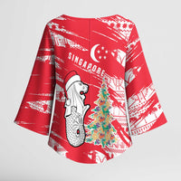 Singapore Christmas Kimono Sleeve Blouse with Merlion Santa Hat Batik Christmas Tree and City Skyline Design - Wonder Print Shop