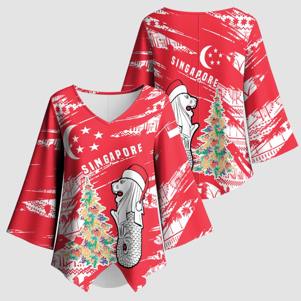 Singapore Christmas Kimono Sleeve Blouse with Merlion Santa Hat Batik Christmas Tree and City Skyline Design - Wonder Print Shop