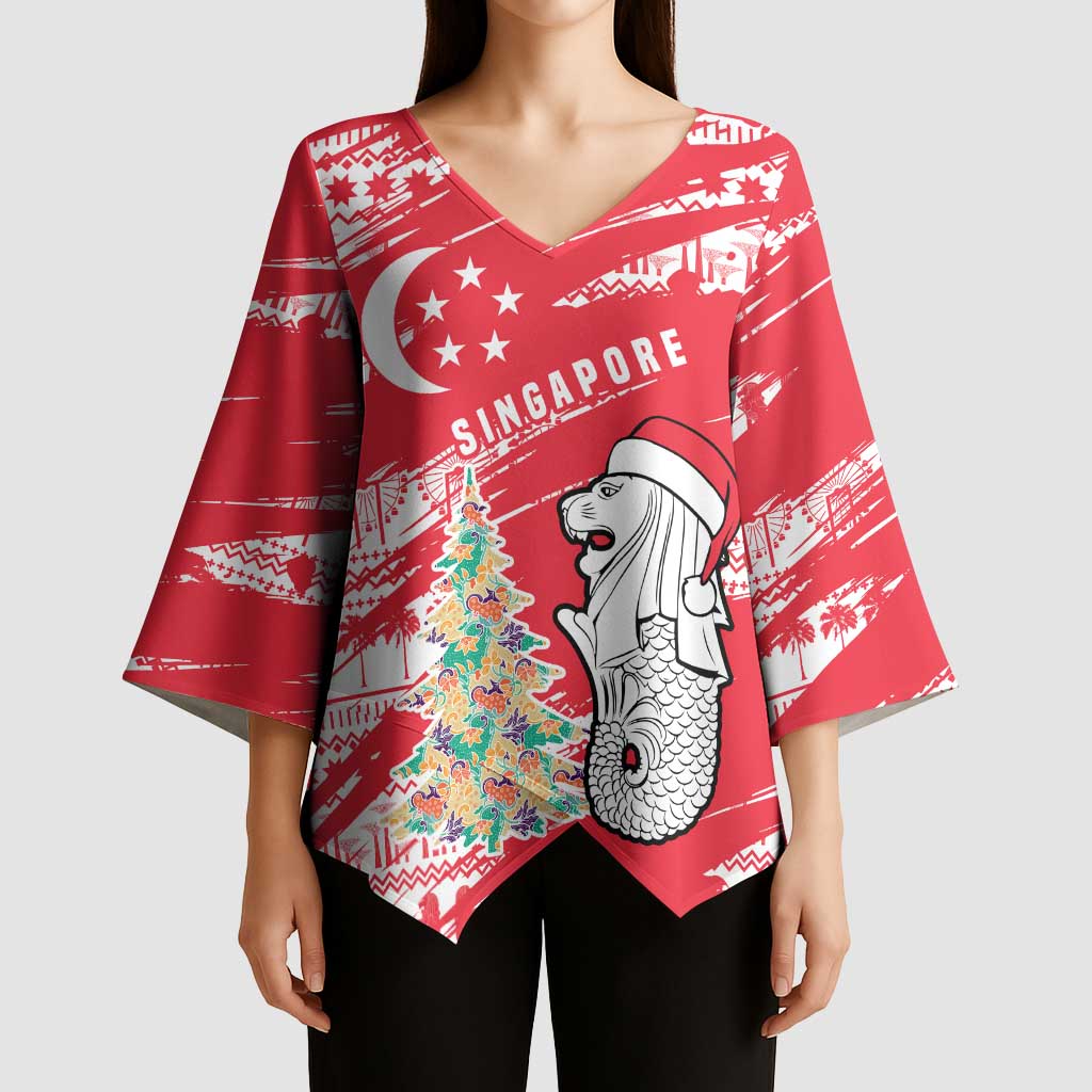 Singapore Christmas Kimono Sleeve Blouse with Merlion Santa Hat Batik Christmas Tree and City Skyline Design - Wonder Print Shop