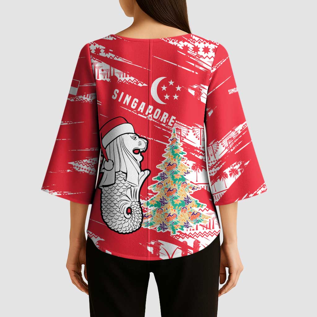 Singapore Christmas Kimono Sleeve Blouse with Merlion Santa Hat Batik Christmas Tree and City Skyline Design - Wonder Print Shop