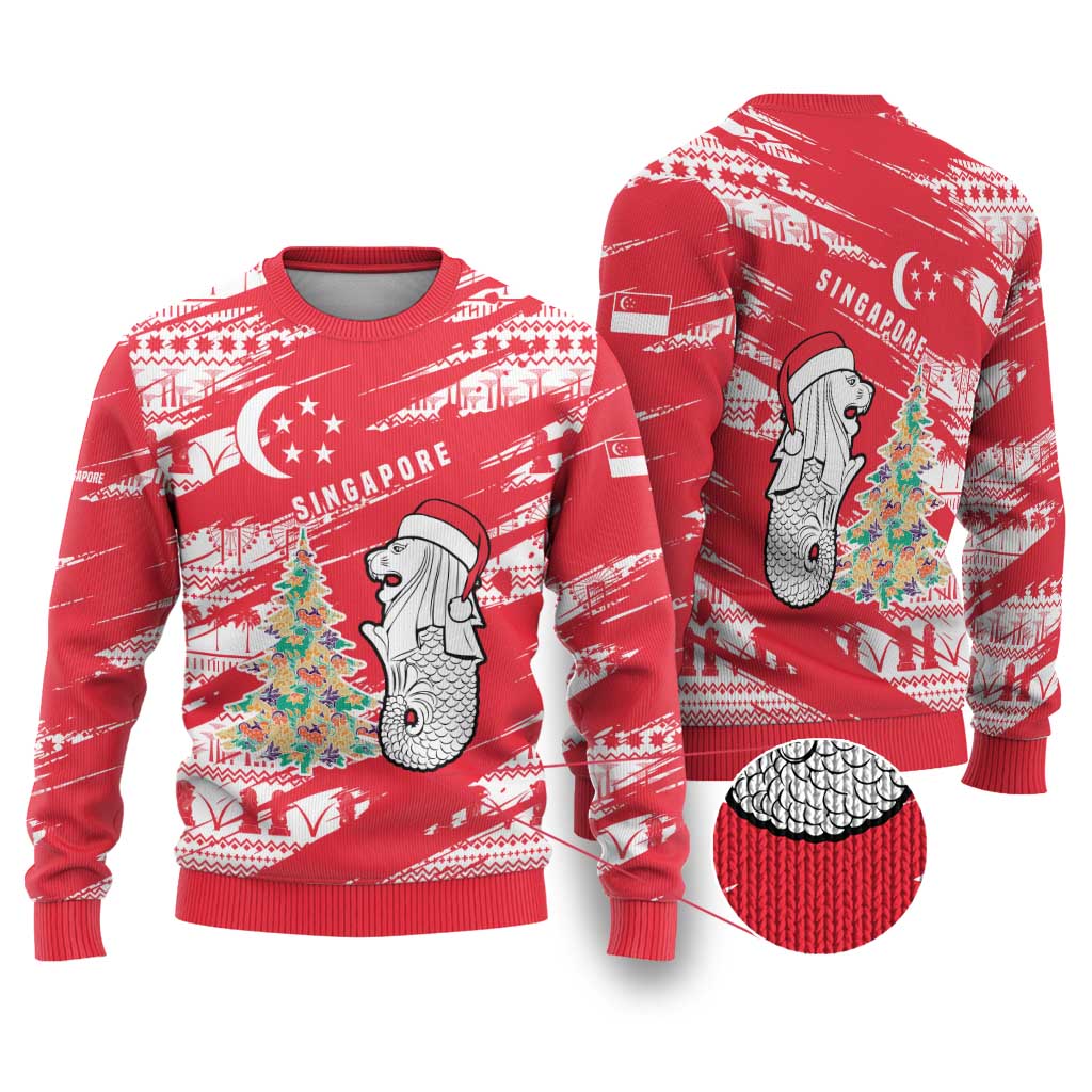 Singapore Christmas Ugly Christmas Sweater with Merlion Santa Hat Batik Christmas Tree and City Skyline Design - Wonder Print Shop