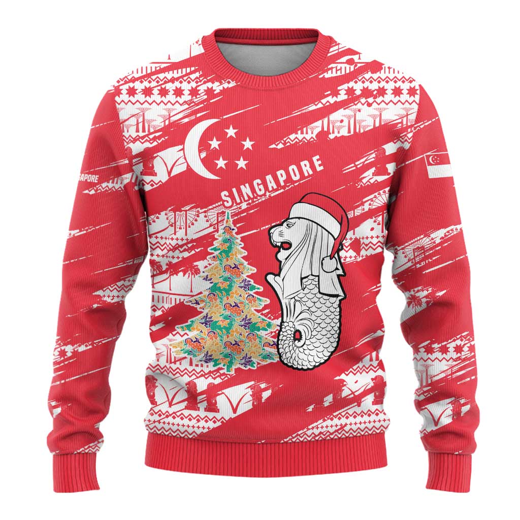 Singapore Christmas Ugly Christmas Sweater with Merlion Santa Hat Batik Christmas Tree and City Skyline Design - Wonder Print Shop
