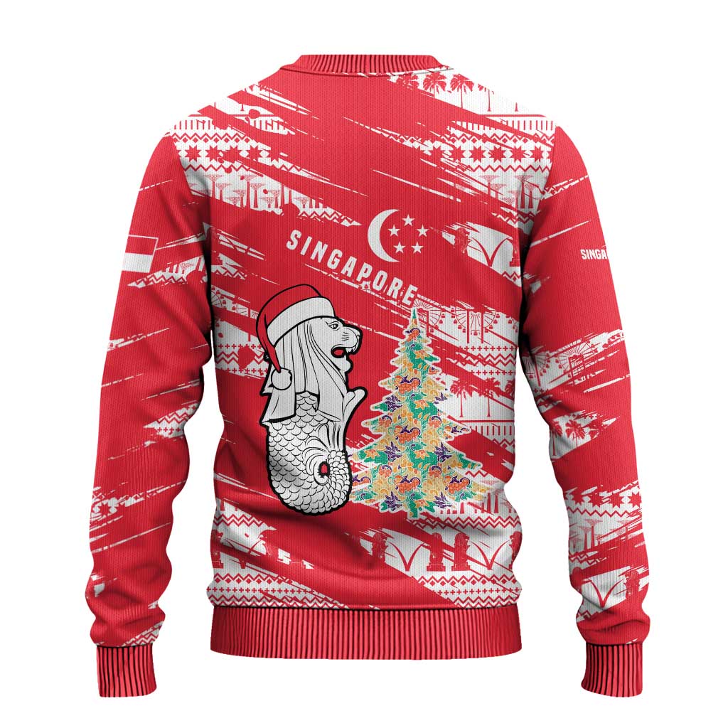 Singapore Christmas Ugly Christmas Sweater with Merlion Santa Hat Batik Christmas Tree and City Skyline Design - Wonder Print Shop