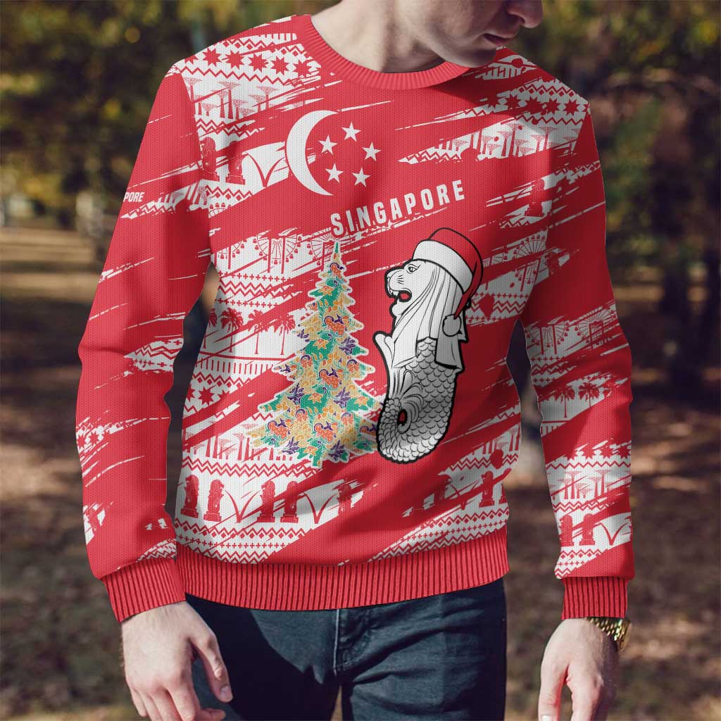 Singapore Christmas Ugly Christmas Sweater with Merlion Santa Hat Batik Christmas Tree and City Skyline Design - Wonder Print Shop