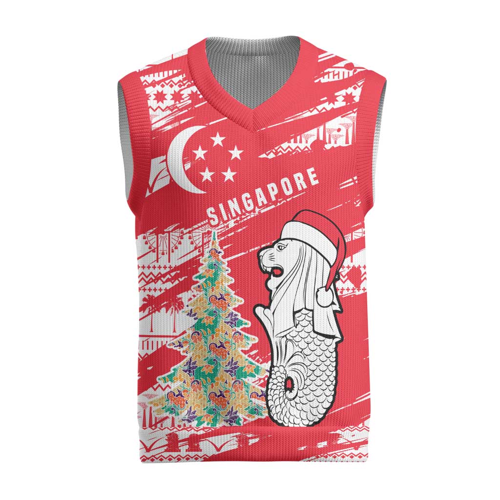 Singapore Christmas Knitted V-Neck Vest with Merlion Santa Hat Batik Christmas Tree and City Skyline Design - Wonder Print Shop