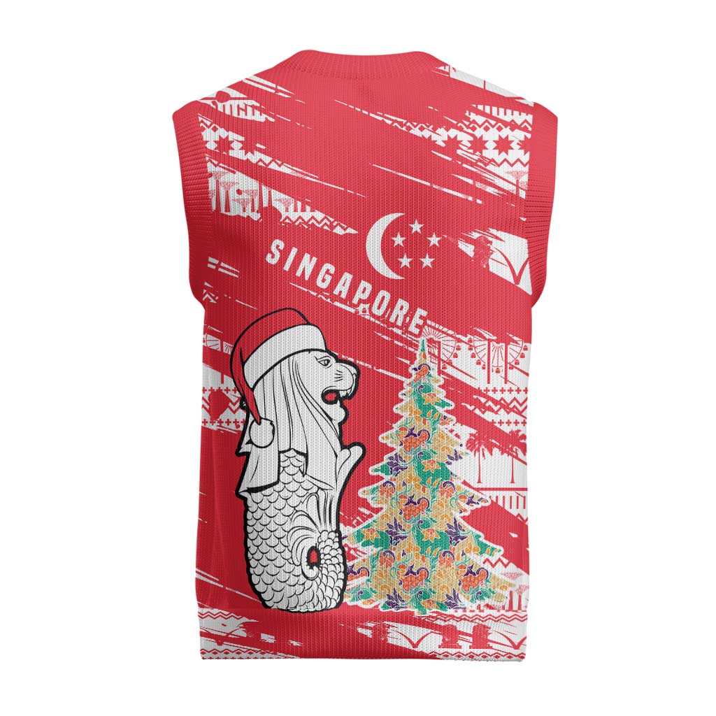 Singapore Christmas Knitted V-Neck Vest with Merlion Santa Hat Batik Christmas Tree and City Skyline Design - Wonder Print Shop