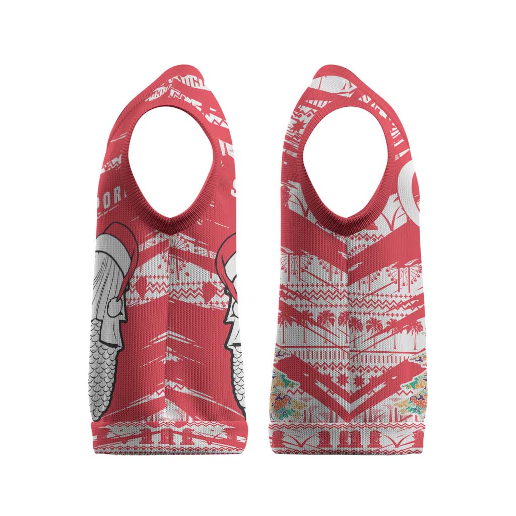 Singapore Christmas Knitted V-Neck Vest with Merlion Santa Hat Batik Christmas Tree and City Skyline Design - Wonder Print Shop