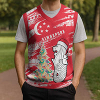 Singapore Christmas Knitted V-Neck Vest with Merlion Santa Hat Batik Christmas Tree and City Skyline Design - Wonder Print Shop