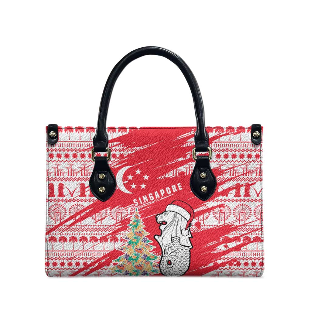 Singapore Christmas Leather Bag with Merlion Santa Hat Batik Christmas Tree and City Skyline Design - Wonder Print Shop