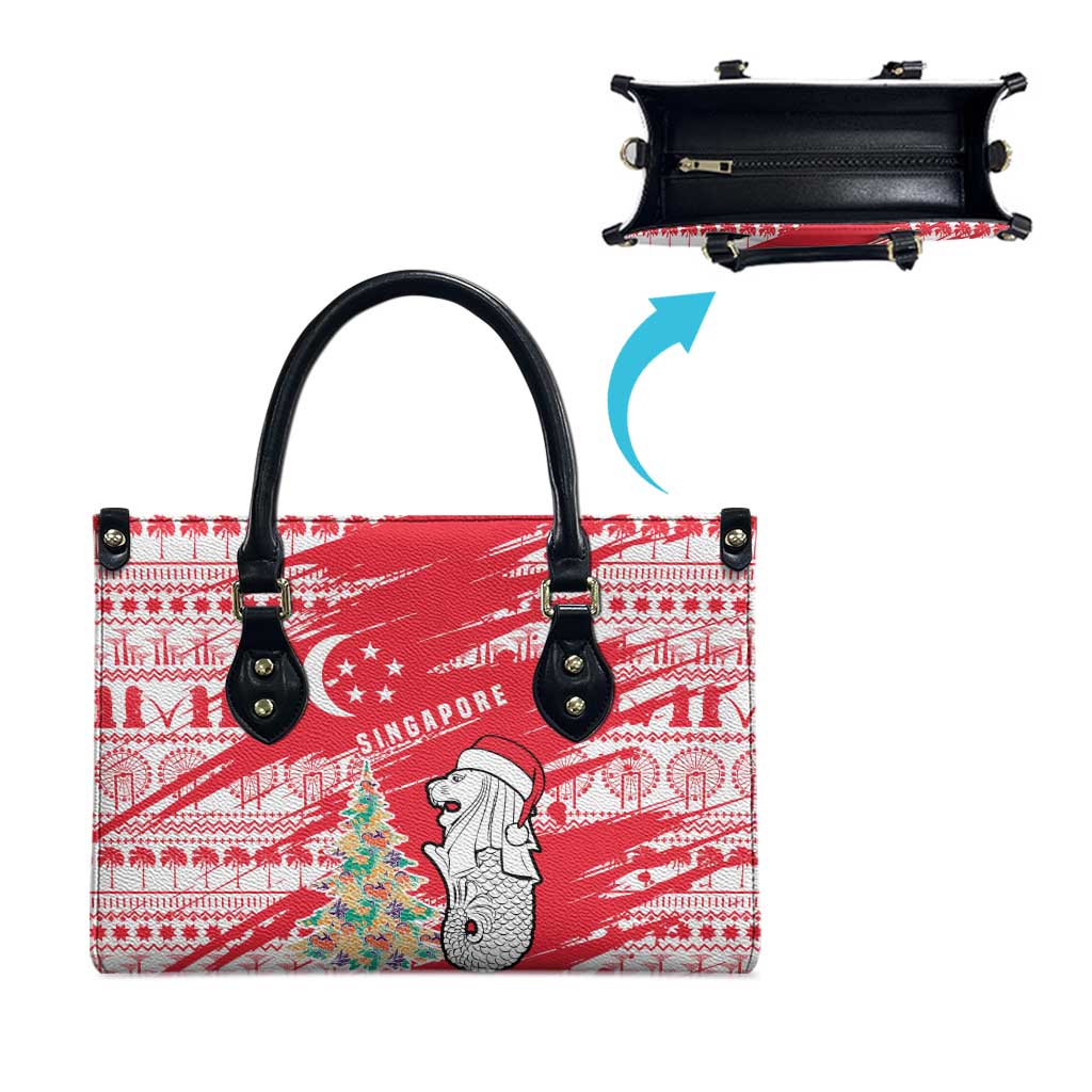 Singapore Christmas Leather Bag with Merlion Santa Hat Batik Christmas Tree and City Skyline Design - Wonder Print Shop