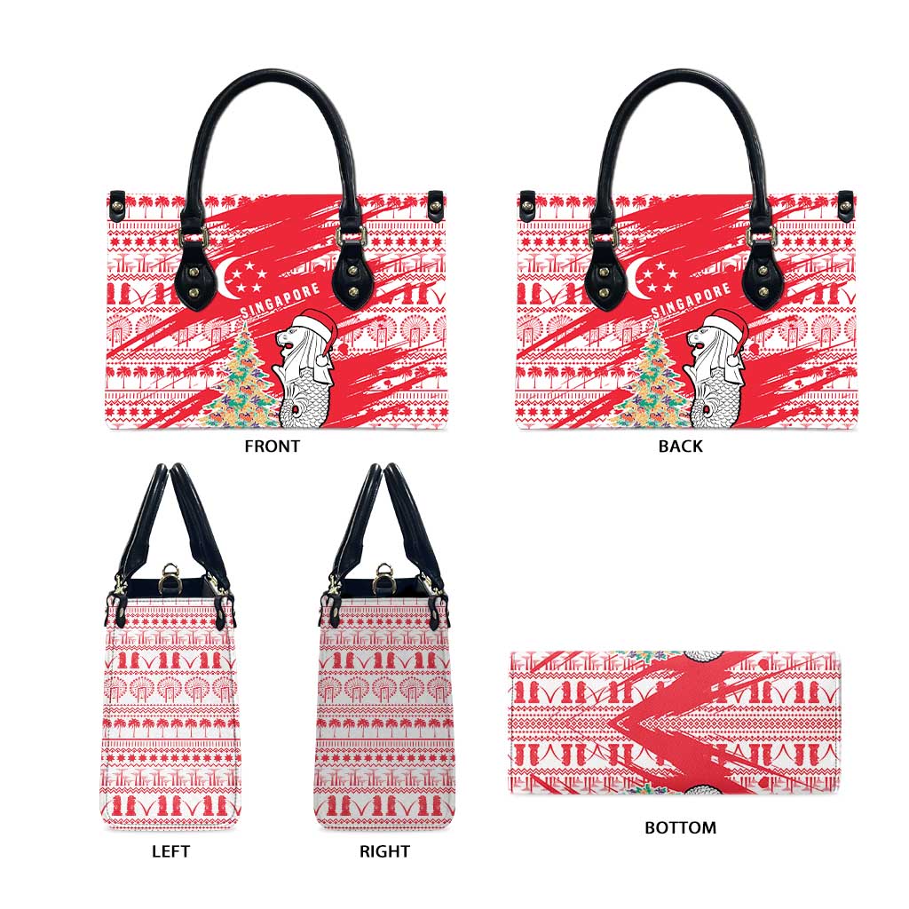 Singapore Christmas Leather Bag with Merlion Santa Hat Batik Christmas Tree and City Skyline Design - Wonder Print Shop