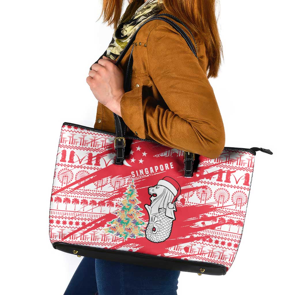 Singapore Christmas Leather Tote Bag with Merlion Santa Hat Batik Christmas Tree and City Skyline Design - Wonder Print Shop