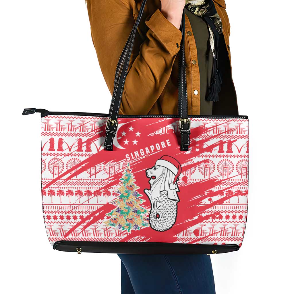 Singapore Christmas Leather Tote Bag with Merlion Santa Hat Batik Christmas Tree and City Skyline Design - Wonder Print Shop