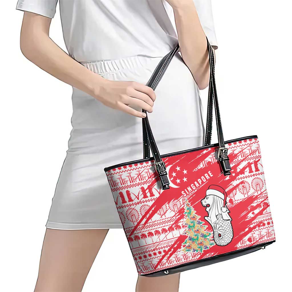 Singapore Christmas Leather Tote Bag with Merlion Santa Hat Batik Christmas Tree and City Skyline Design - Wonder Print Shop