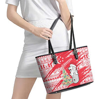 Singapore Christmas Leather Tote Bag with Merlion Santa Hat Batik Christmas Tree and City Skyline Design - Wonder Print Shop