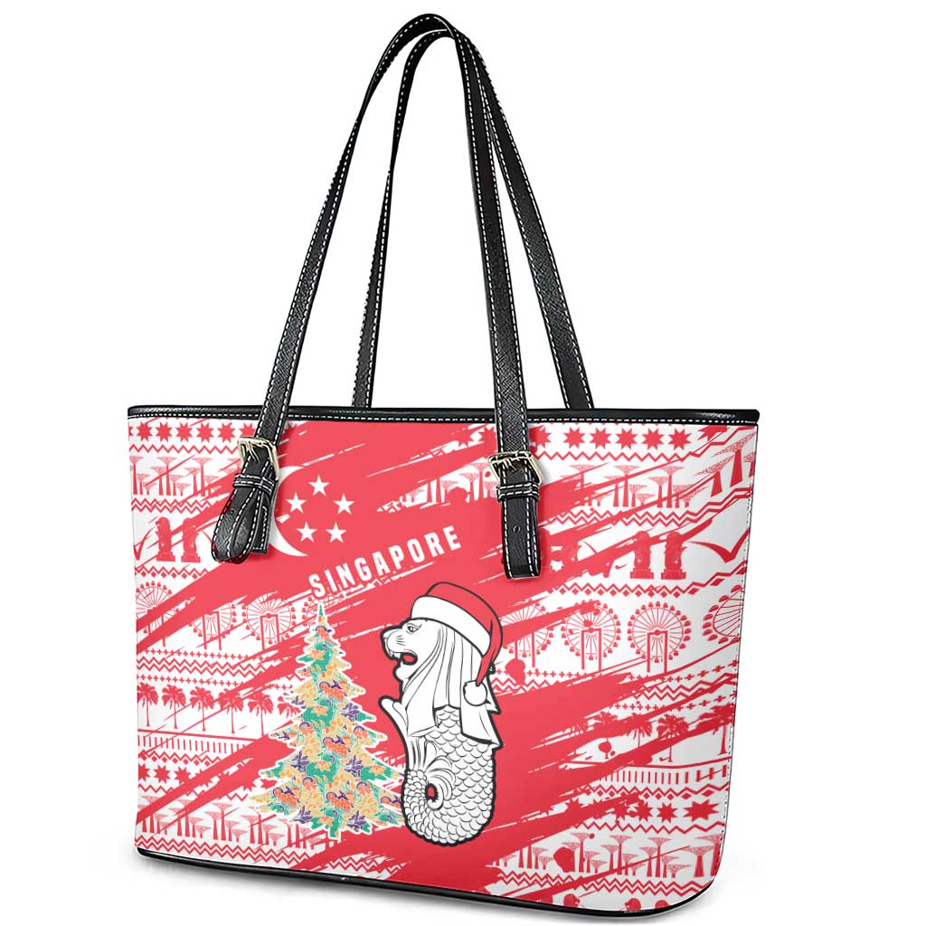 Singapore Christmas Leather Tote Bag with Merlion Santa Hat Batik Christmas Tree and City Skyline Design - Wonder Print Shop