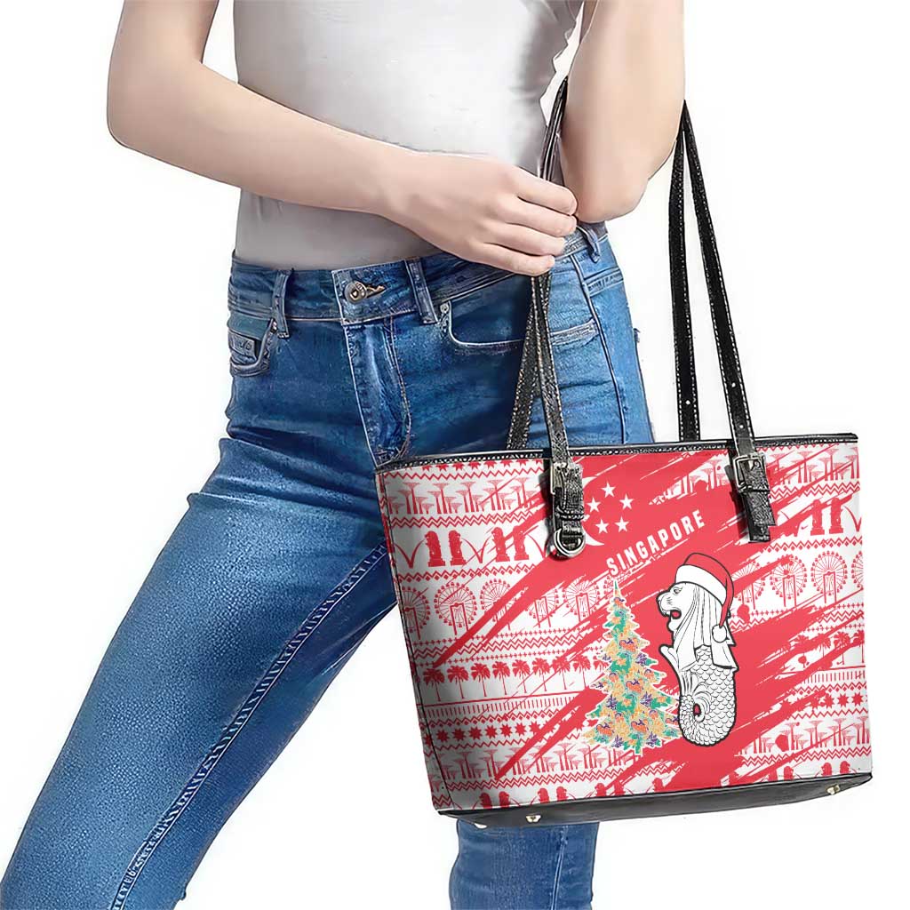 Singapore Christmas Leather Tote Bag with Merlion Santa Hat Batik Christmas Tree and City Skyline Design - Wonder Print Shop