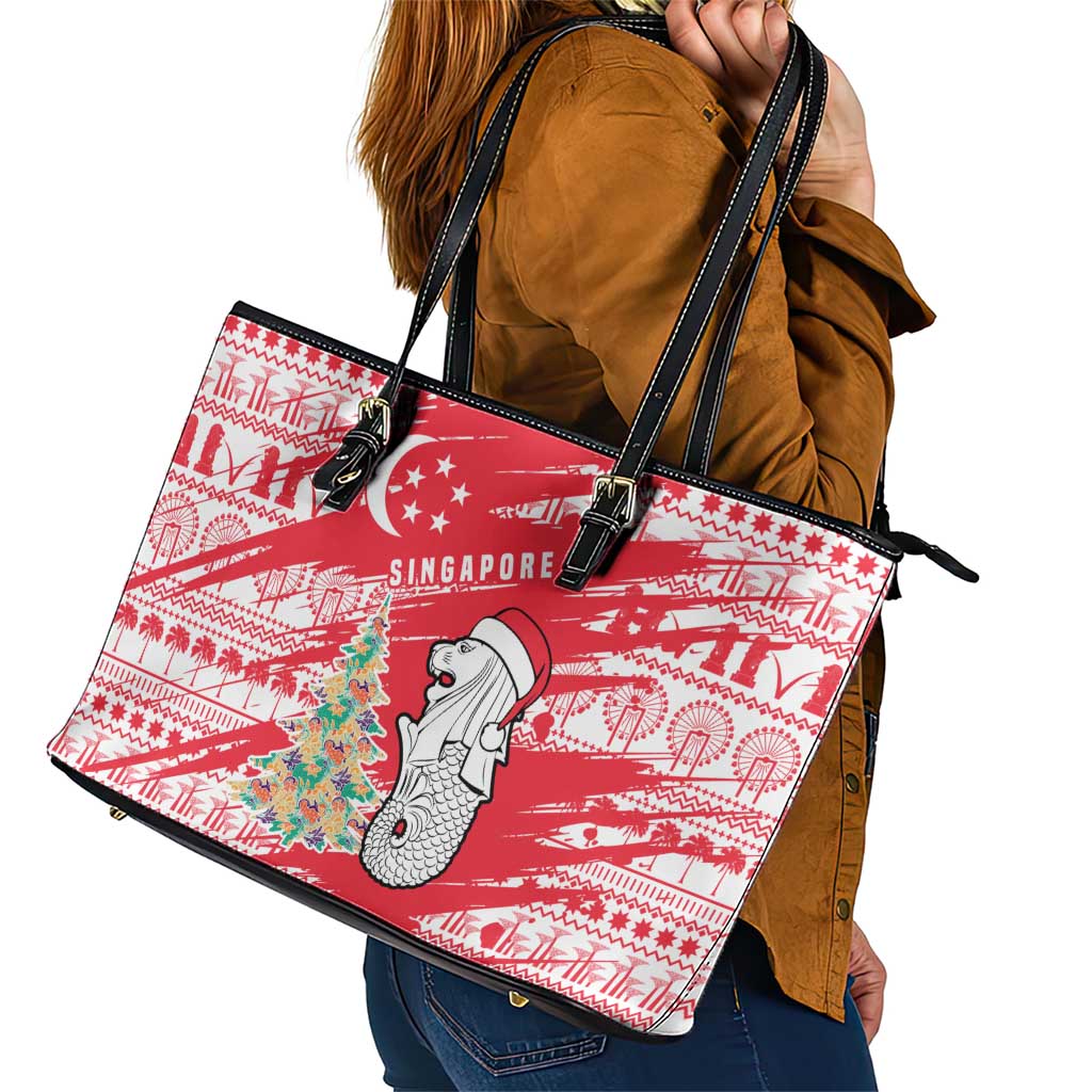 Singapore Christmas Leather Tote Bag with Merlion Santa Hat Batik Christmas Tree and City Skyline Design - Wonder Print Shop