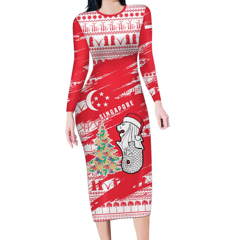 Singapore Christmas Long Sleeve Bodycon Dress with Merlion Santa Hat Batik Christmas Tree and City Skyline Design - Wonder Print Shop