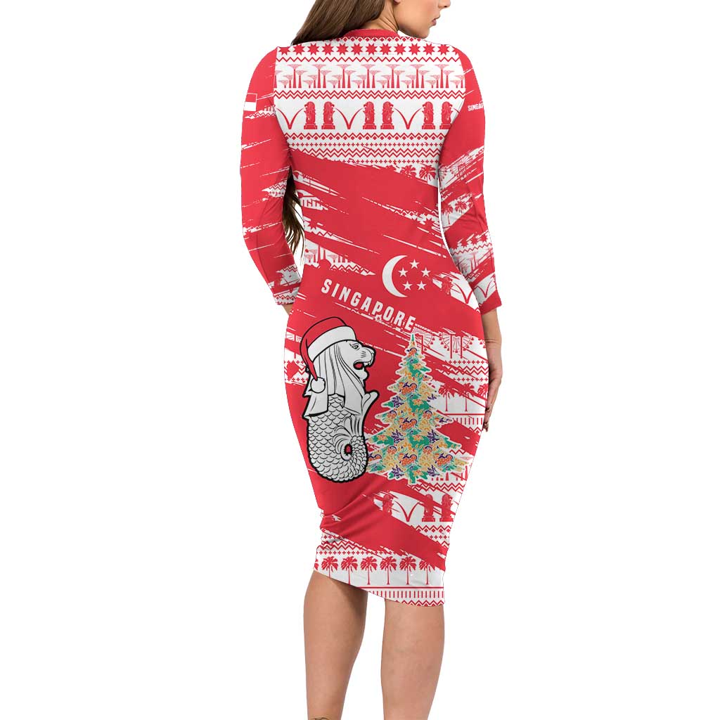 Singapore Christmas Long Sleeve Bodycon Dress with Merlion Santa Hat Batik Christmas Tree and City Skyline Design - Wonder Print Shop