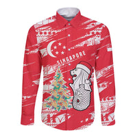 Singapore Christmas Long Sleeve Button Shirt with Merlion Santa Hat Batik Christmas Tree and City Skyline Design - Wonder Print Shop