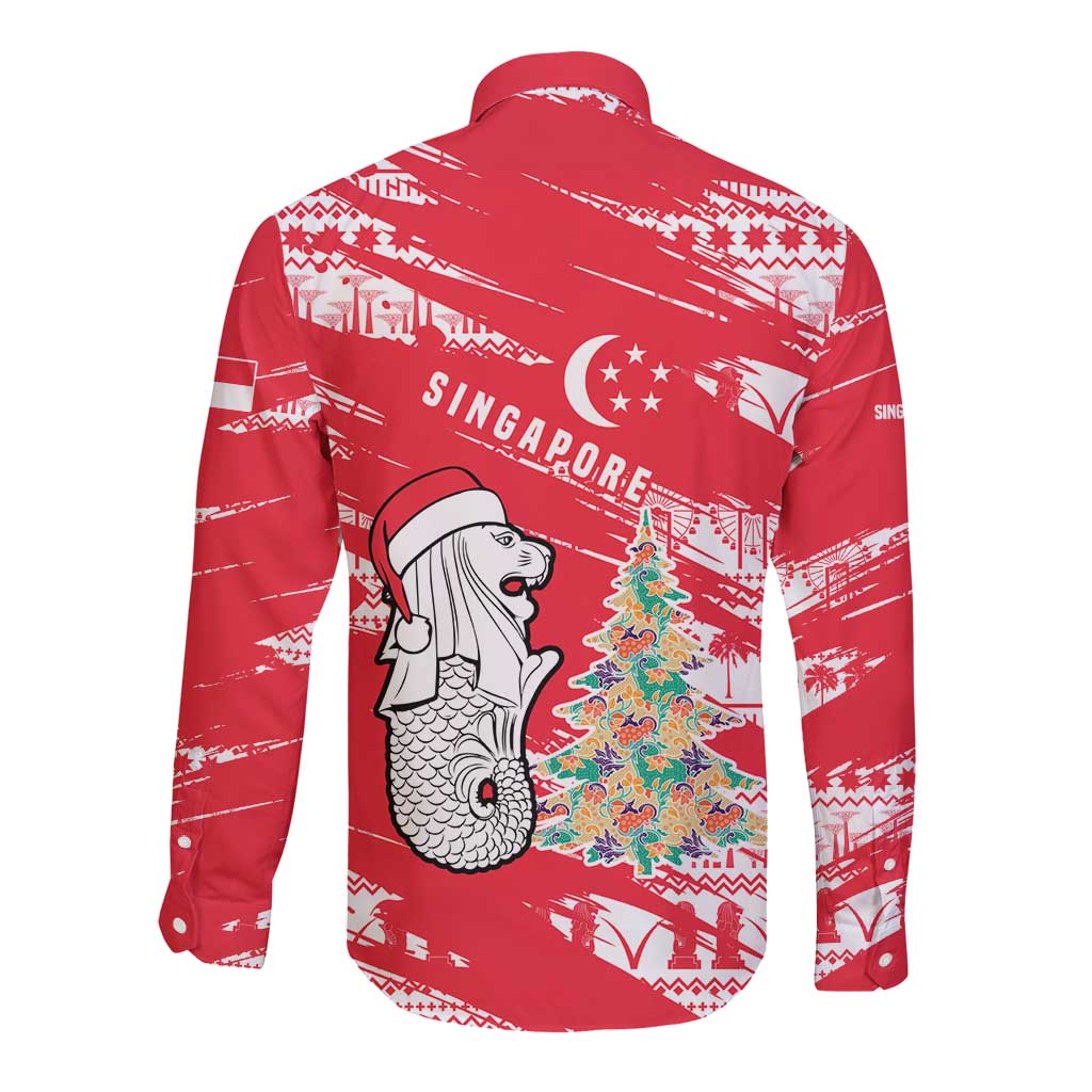 Singapore Christmas Long Sleeve Button Shirt with Merlion Santa Hat Batik Christmas Tree and City Skyline Design - Wonder Print Shop