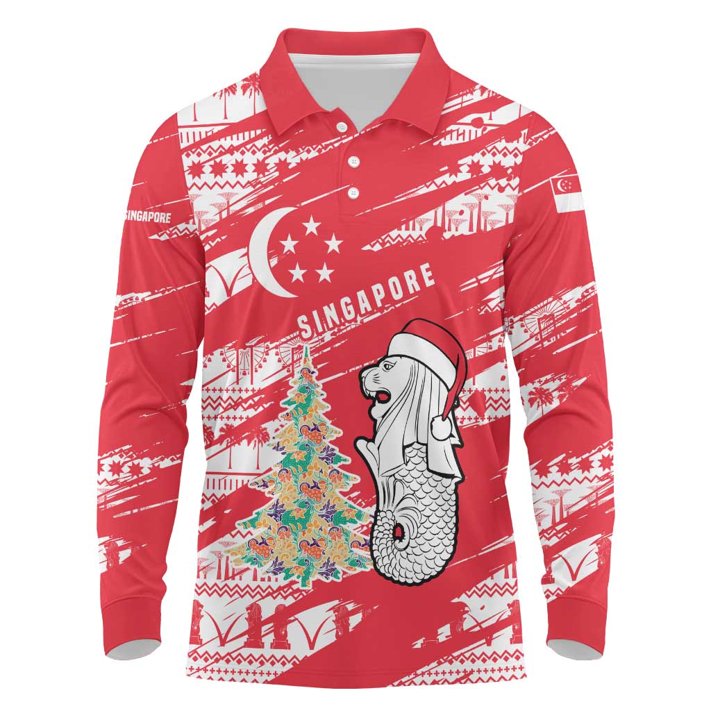 Singapore Christmas Long Sleeve Polo Shirt with Merlion Santa Hat Batik Christmas Tree and City Skyline Design - Wonder Print Shop