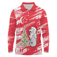 Singapore Christmas Long Sleeve Polo Shirt with Merlion Santa Hat Batik Christmas Tree and City Skyline Design - Wonder Print Shop