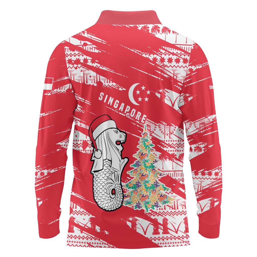 Singapore Christmas Long Sleeve Polo Shirt with Merlion Santa Hat Batik Christmas Tree and City Skyline Design - Wonder Print Shop